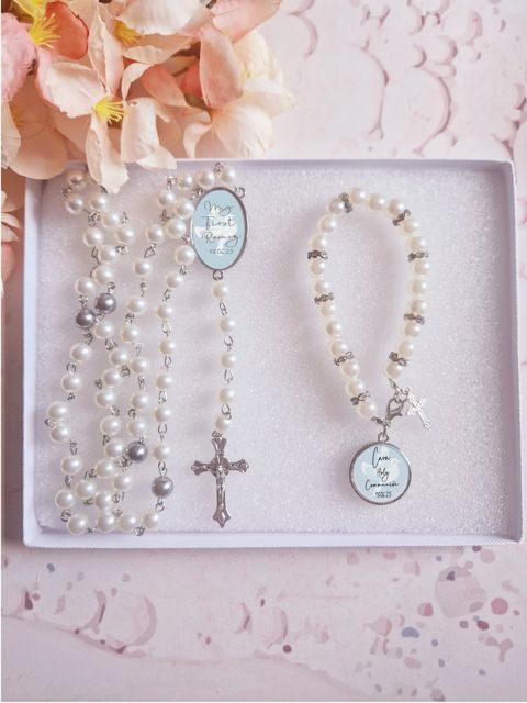 Personalised rosary bead bracelet and necklace with a dove pendant