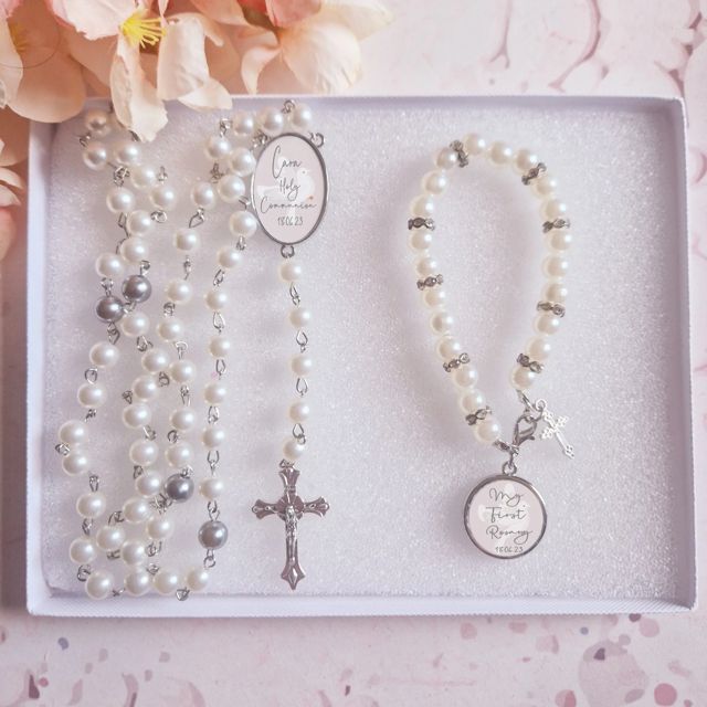 Rosary bead gift set: bracelet and necklace with matching dove pendants